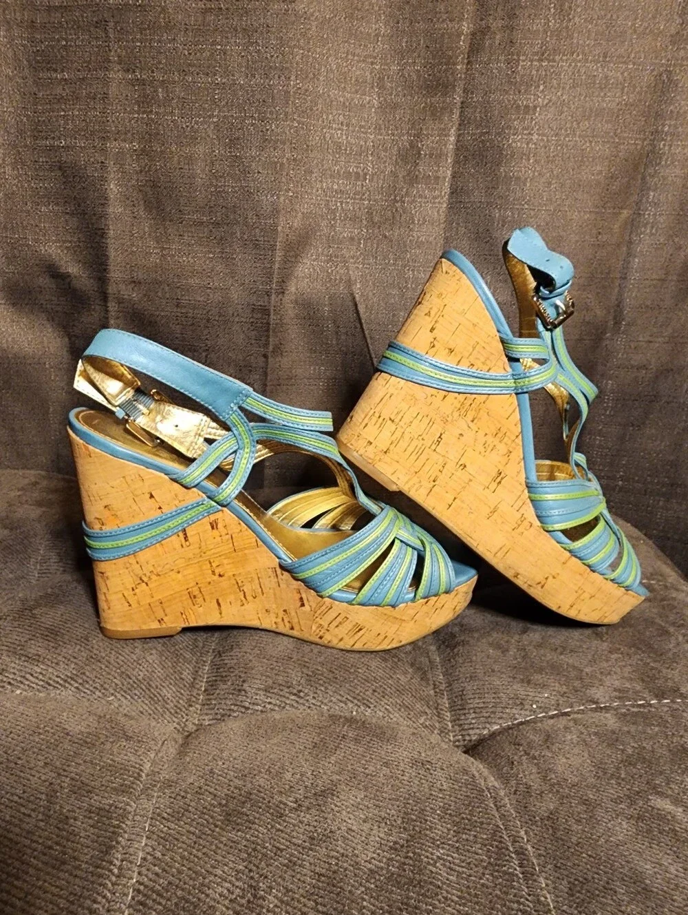 Ivanka Trump Blue Green Cork Platform Wedge Sandals Approx Size 7